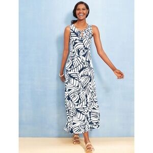 Talbots Dress‎ Womens Size XS Blue White Maxi Floral Botanical Sleeveless Jersey